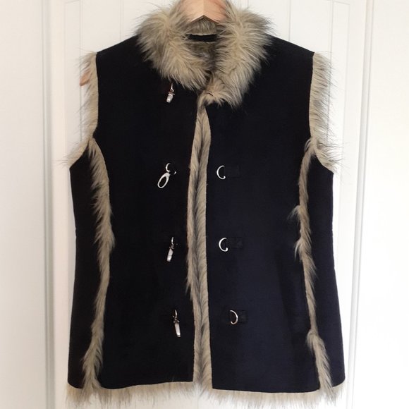 Sport Haley Blue Faux Fur Hook Front Vest Brown Faux Fur Trim Pockets Size M - Picture 4 of 11